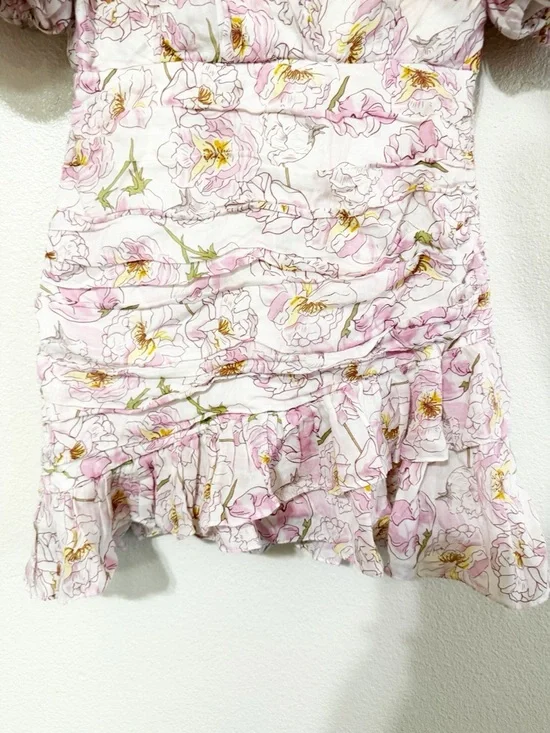 Sau Lee Posey Puff Sleeve Floral Pastel Pink Ruched Mini Dress Size US 8 - Picture 11 of 16